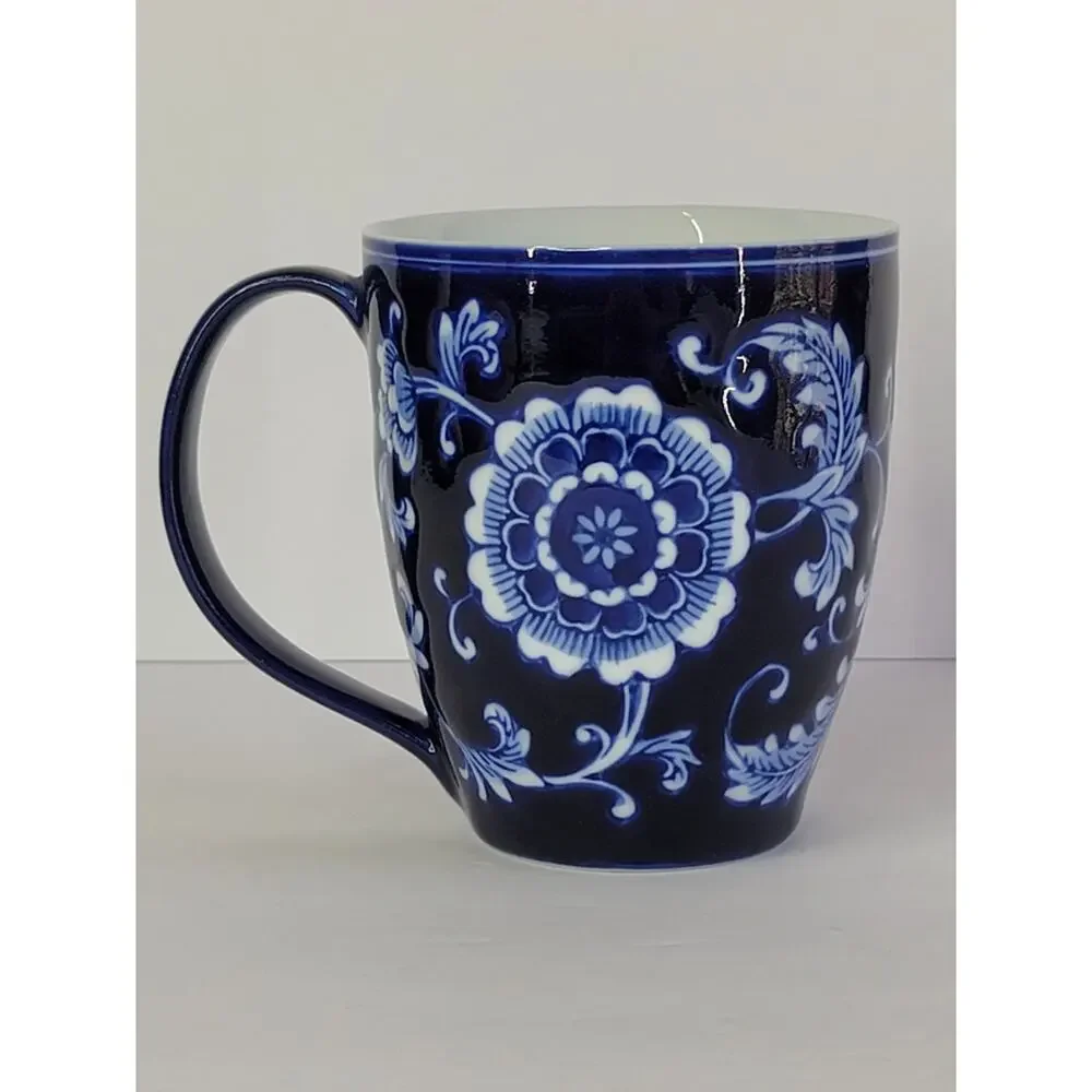 Pier 1 Exclusive MANDARIN Floral Cobalt Blue White Porcelain 14oz Coffee/Tea Mug
